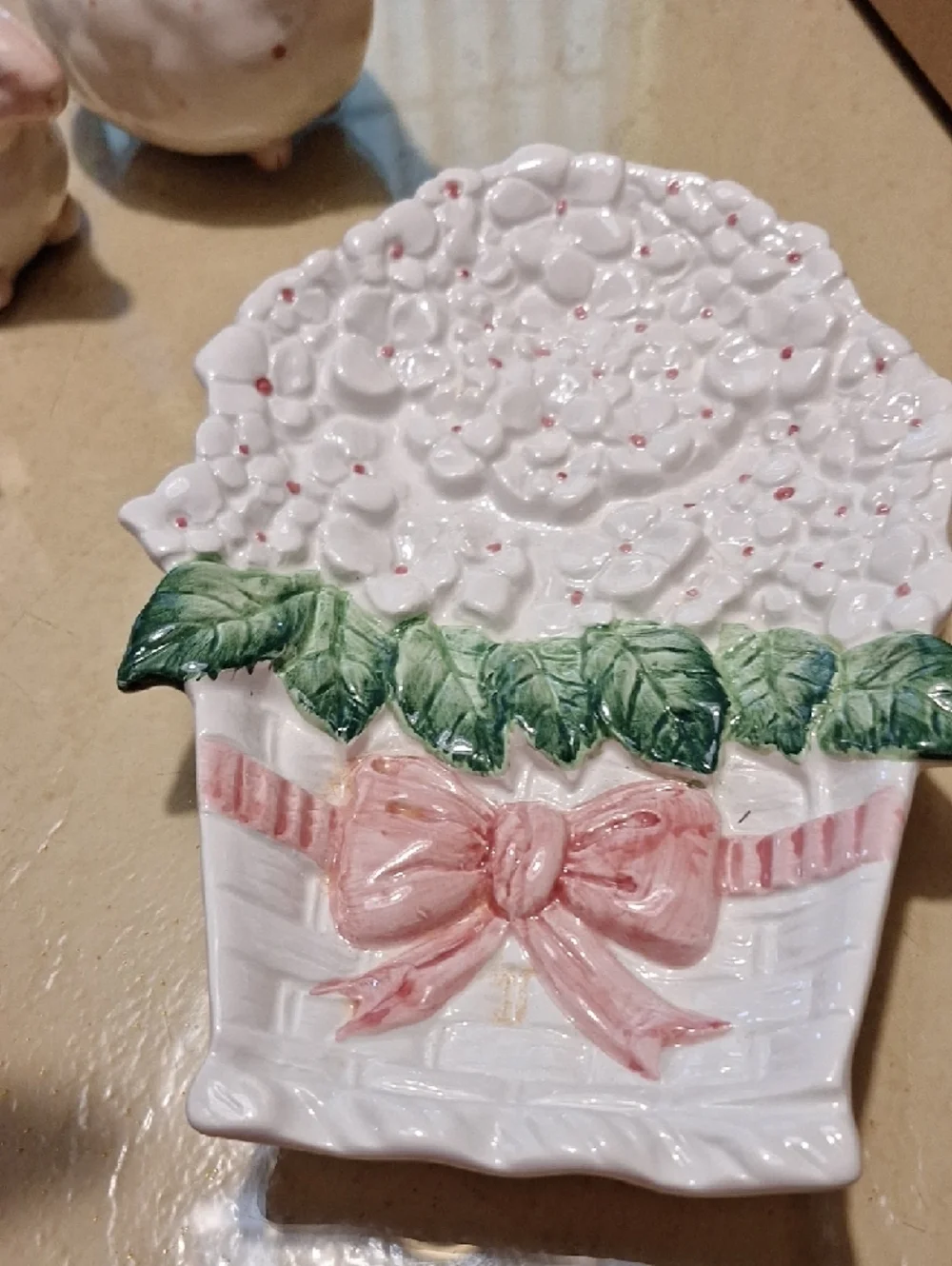 White Ceramic Hydrangea Basket Wall Plaque with Pink Bow